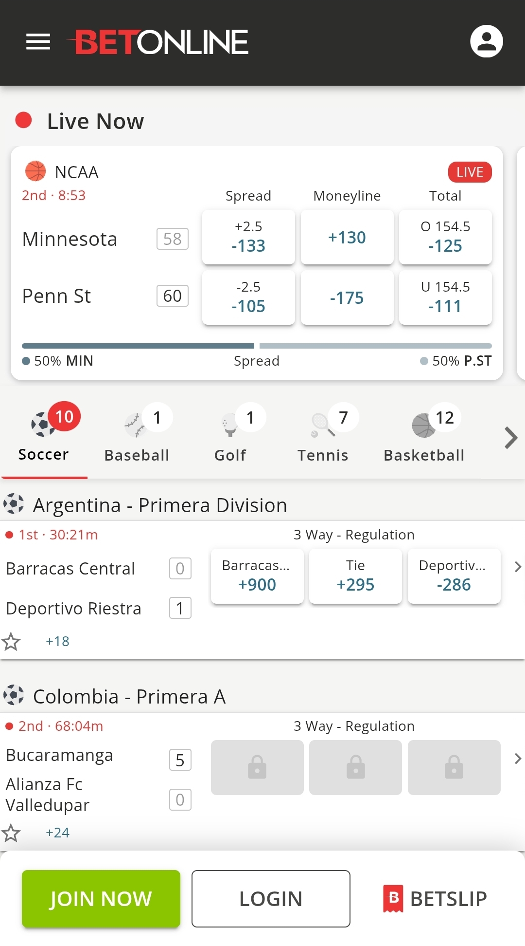BetOnline Live Betting Interface with real-time odds